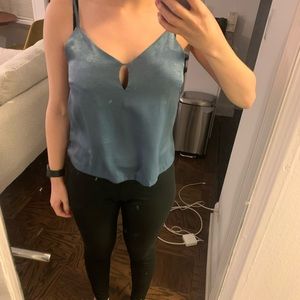 Satin-like blue shirt with cute cutout